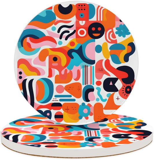 Ceramic Coasters for Drinks with Cork Back, Colorful Abstract Shapes 4 Inch Absorbent Coaster Set 2 Pack, Quick Dry Non-Slip Coaster Mats for Home, Office, Bar