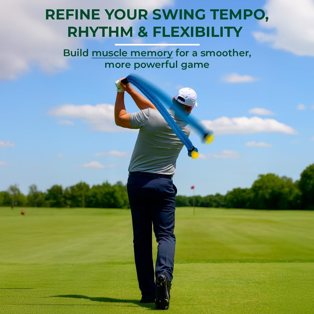 Golf Rope Swing Trainer – Weighted Rope with Yellow Ball, Improve Swing Speed, Tempo, Rhythm & Strength – Indoor/Outdoor Training Aid with Manual, Bag – for Men & Women