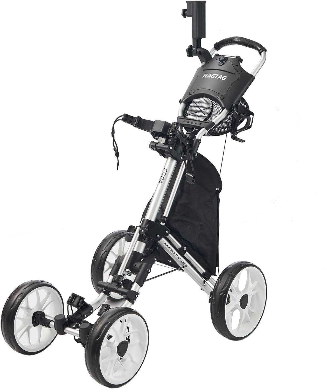 Golf Push Cart 4-Wheels,Folding Golf Cart, Golf Pull cart with Cup Holder,Umbrella Holder,Cooler Bag, Foldable with one-Click,Handle Height Adjustable,Drink Holder,Walking Push cart