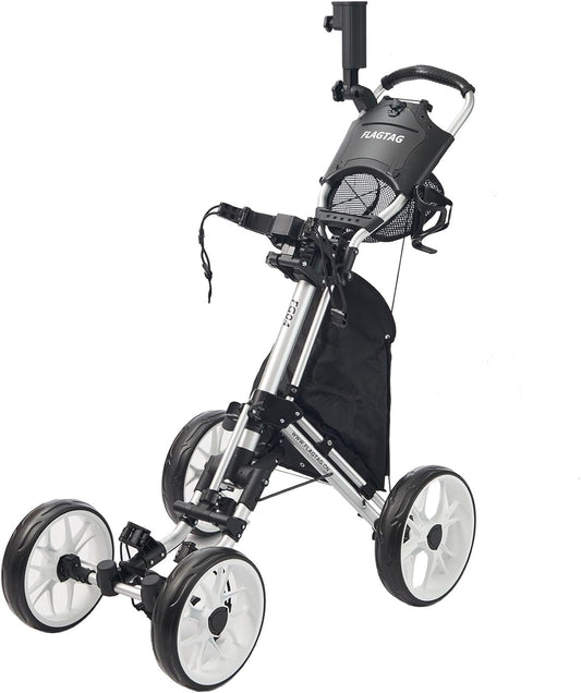 Golf Push Cart 4-Wheels,Folding Golf Cart, Golf Pull cart with Cup Holder,Umbrella Holder,Cooler Bag, Foldable with one-Click,Handle Height Adjustable,Drink Holder,Walking Push cart