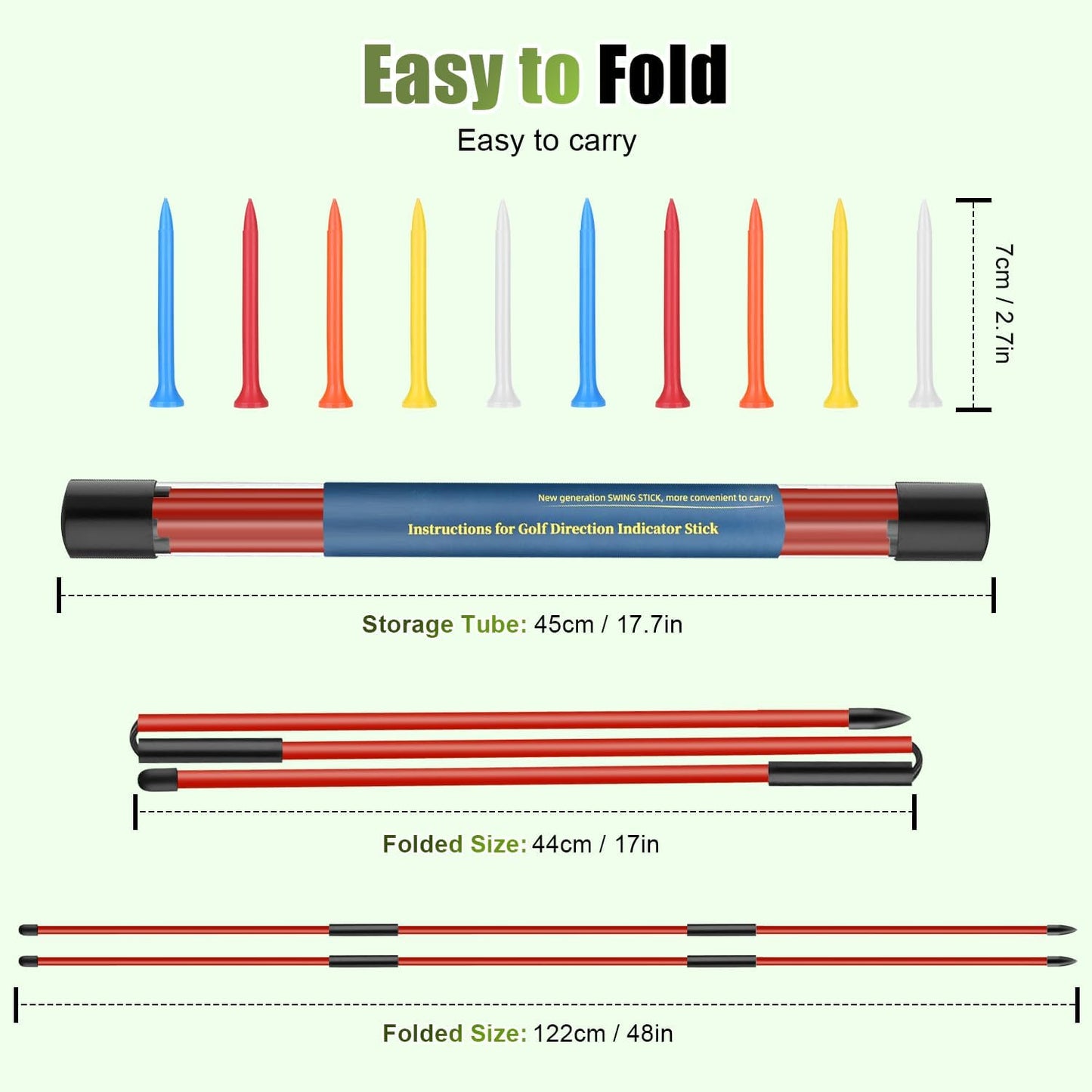 Golf Alignment Sticks 2 Pack, 48″Collapsible Practice Rods for Aiming/Putting, Golf Training Aid for Swing Trainer with Clear Tube Case, Foldable Training Rods with 10 Golf Tees