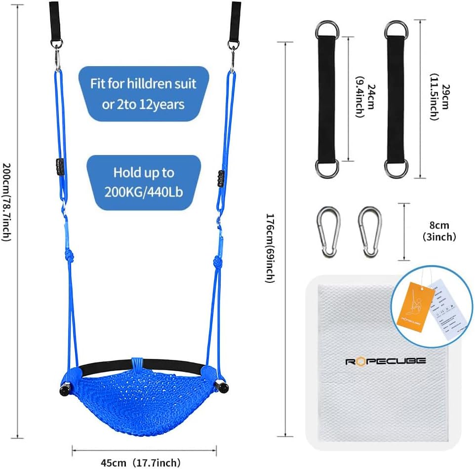 Hand-Knitting Toddler Swing, Swing Seat for Kids with Adjustable Ropes, Little tikes Swings Set, for Outdoor Indoor, Playground, Backyard (Blue)