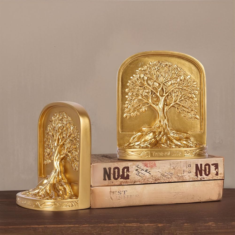 Gold Tree of Life Bookends Set, 2 Decorative Bookends for Shelves or Bookcase, Non-Skid Heavy Bookends for Desktop Shelf Decor, Library Office Decor, Home Décor Gift (Gold)