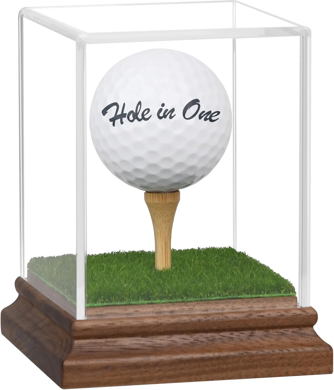 Golf Ball Display Case Hole in One Golf Ball Display Case Holder Wanult Wood Base Acrylic Golf Ball Holder Stand Lifelike Turf Wood Tee Memorabilia Showcase Square Cube Box Stand Golf Gifts Decor