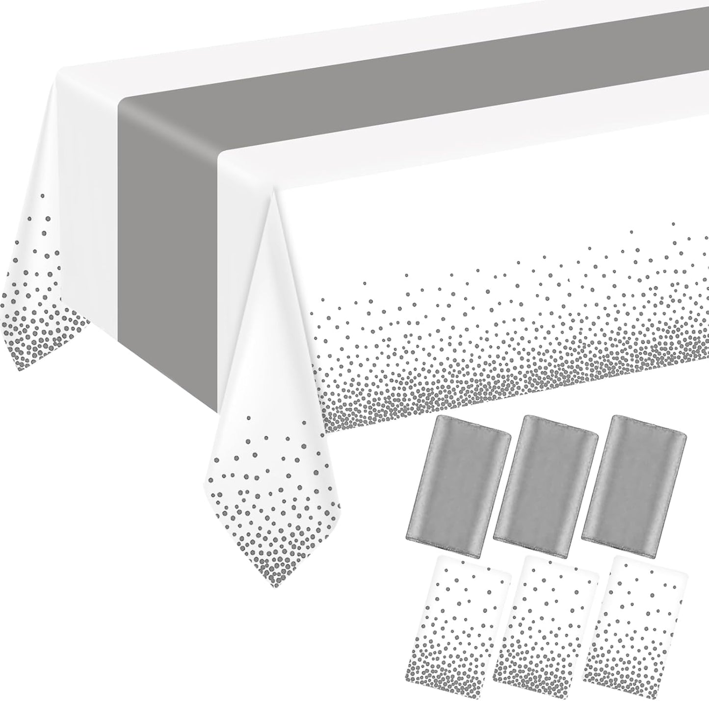 6 Pack Rectangle Plastic Dot Tablecloth Set, 54 X 108 Inch Plastic Table Cover, 12 x 108 Inch Satin Table Runners for Wedding Graduation Birthday New Year Party Decorations (White, Sliver)