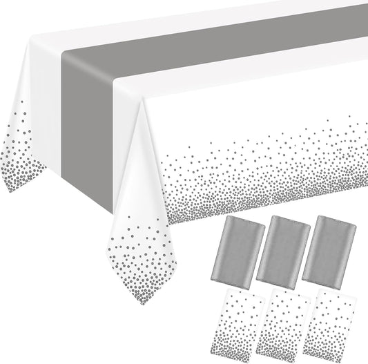 6 Pack Rectangle Plastic Dot Tablecloth Set, 54 X 108 Inch Plastic Table Cover, 12 x 108 Inch Satin Table Runners for Wedding Graduation Birthday New Year Party Decorations (White, Sliver)