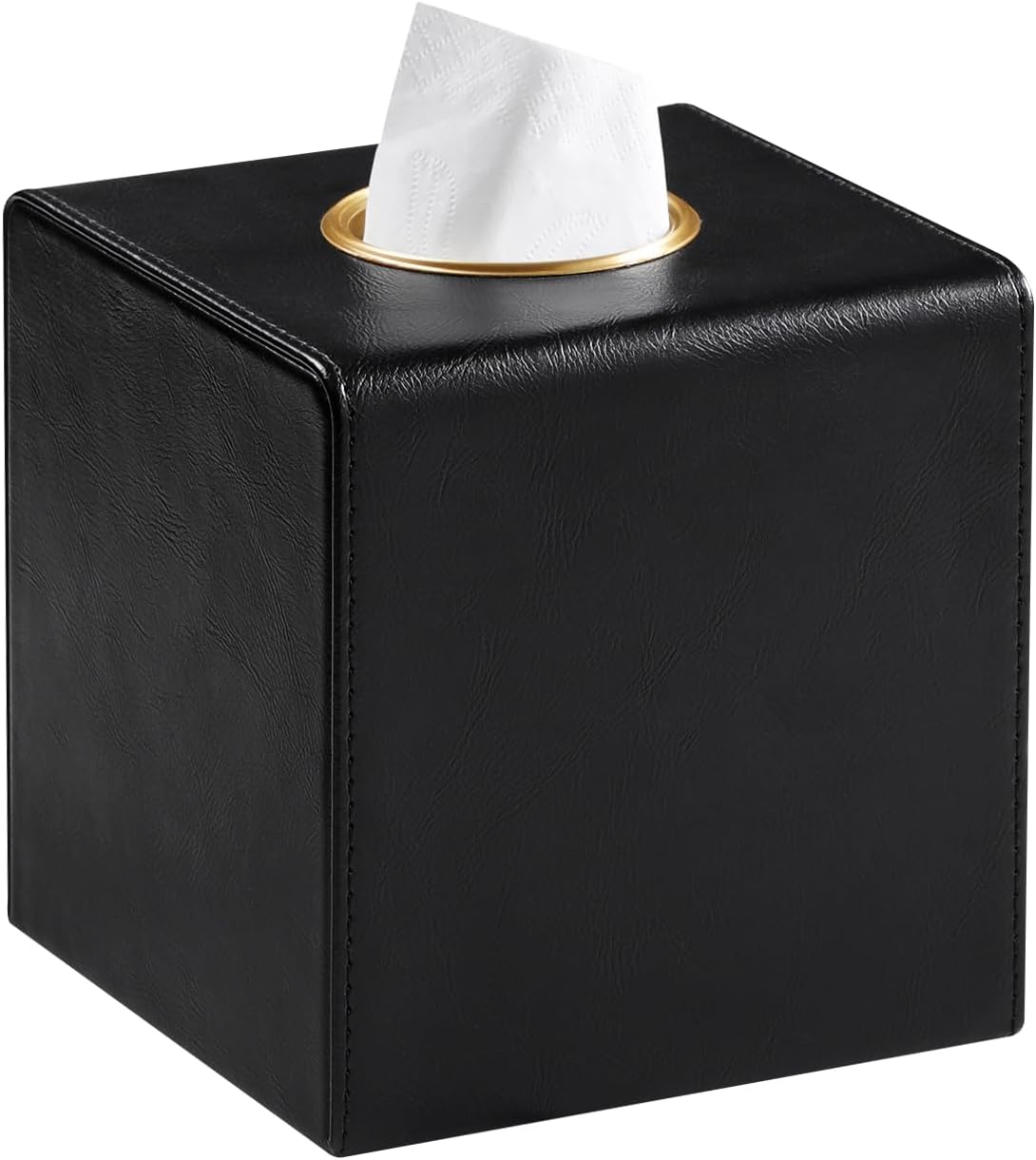Square Tissue Box Cover, Luxury PU Leather Tissue Holder with Magnetic Closure (Black)