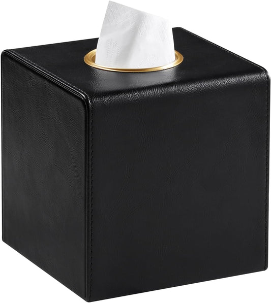 Square Tissue Box Cover, Luxury PU Leather Tissue Holder with Magnetic Closure (Black)
