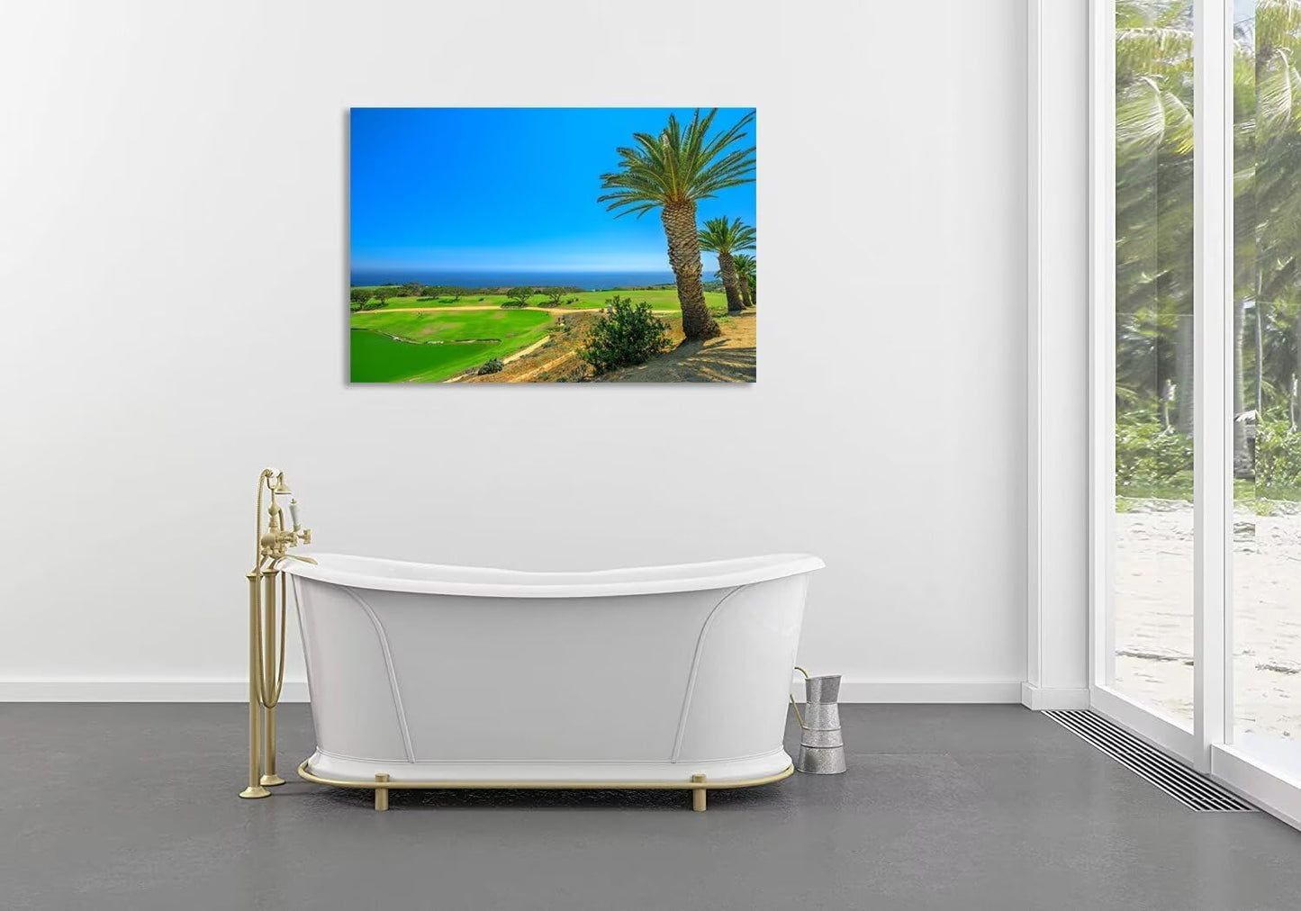 USA California Golf Course with Palm Tree Wall Art Picture California Coastline Golf Course Wall Decor for Living Room Bedroom Bathroom Home Decorations Framed Ready to Hang(18''H x 24''W)