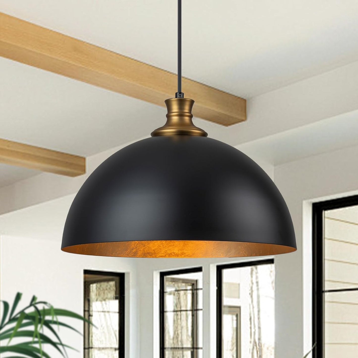 14.96" Black and Gold Pendant Light, Modern Dome Pendant Lights Kitchen Island Industrial Dome Light Fixture Hanging Lighting for Dining Room Living Room Bedroom Hallway Foyer.