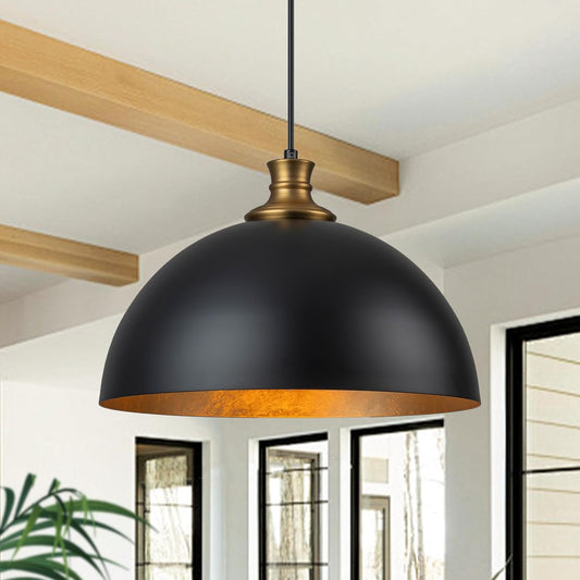 14.96" Black and Gold Pendant Light, Modern Dome Pendant Lights Kitchen Island Industrial Dome Light Fixture Hanging Lighting for Dining Room Living Room Bedroom Hallway Foyer.