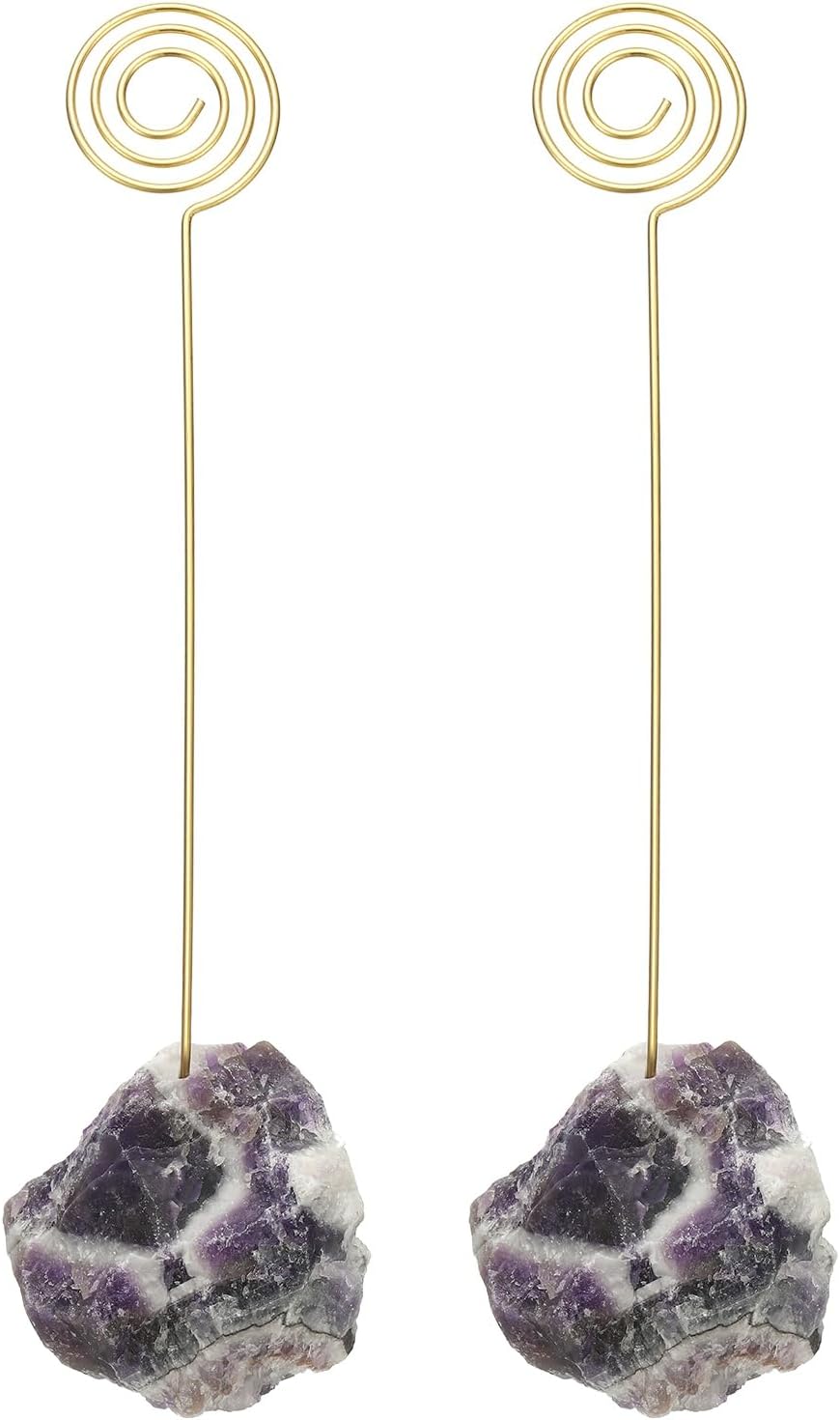 PATIKIL Table Number Holder, 2Pcs Photo Clip Holders Crystal Stone Quartz Desk Card Holder Raw Lollipop Shape Iron Memo Note Photo Stand for Wedding Party Home Office Decor, Purple