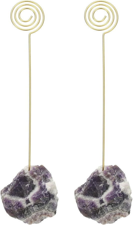 PATIKIL Table Number Holder, 2Pcs Photo Clip Holders Crystal Stone Quartz Desk Card Holder Raw Lollipop Shape Iron Memo Note Photo Stand for Wedding Party Home Office Decor, Purple