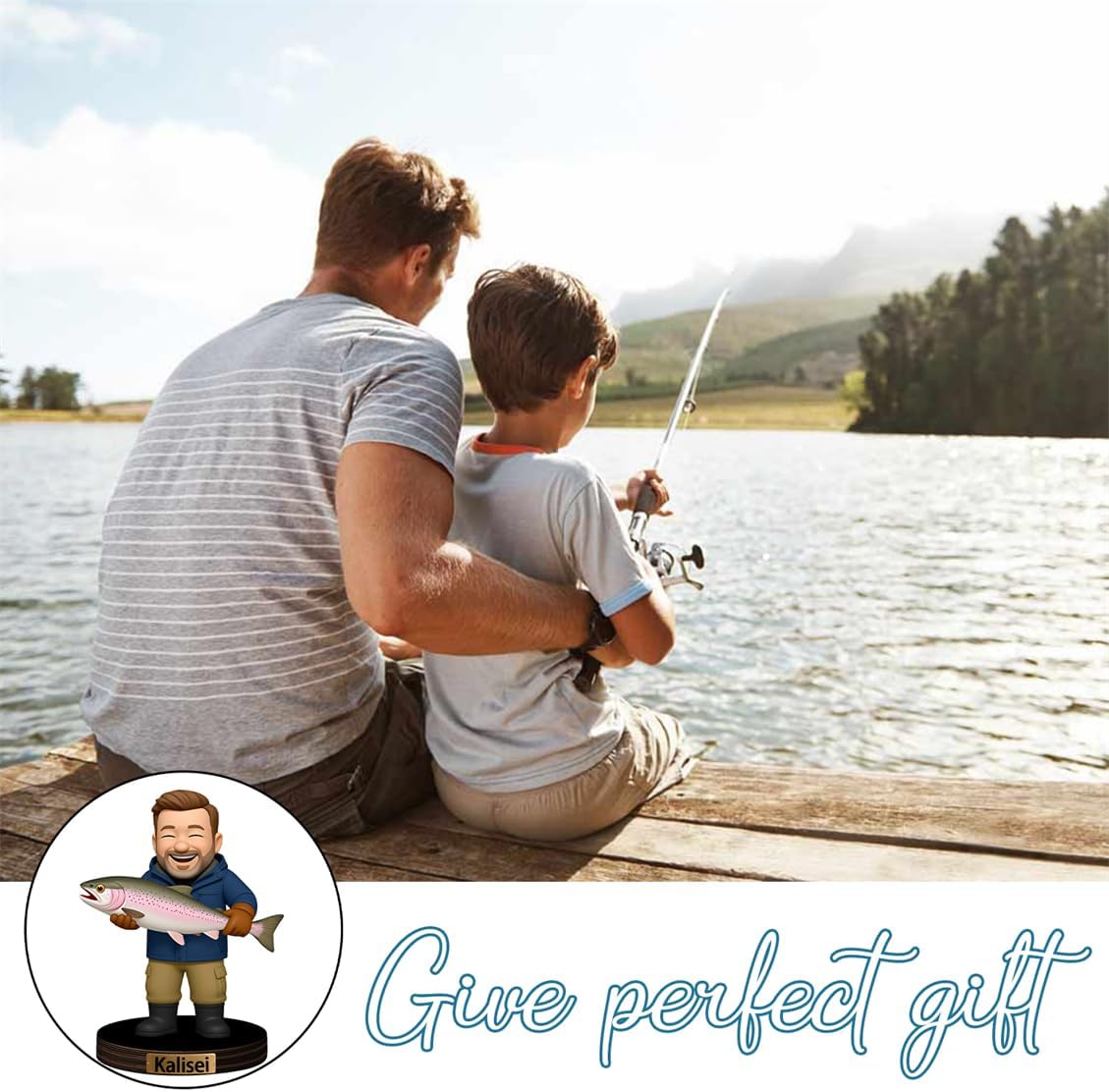 Personalized Family Photo Cartoon Desktop Ornament Custom Fisherman Portrait Figurine Plaque with Name Picture Acrylic Sculpture Desk Sign for Men Women Family Lover Christmas,03