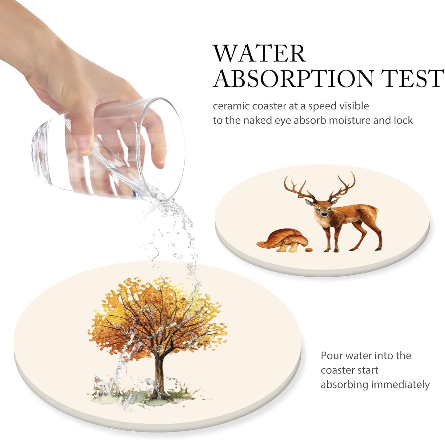 Boho Set of 6 Coasters for Drinks Absorbing Round Ceramic Stone Coaster with Cork Base,Tabletop Protection Mat for Mugs and Cups,Office,Kitchen (Forest)