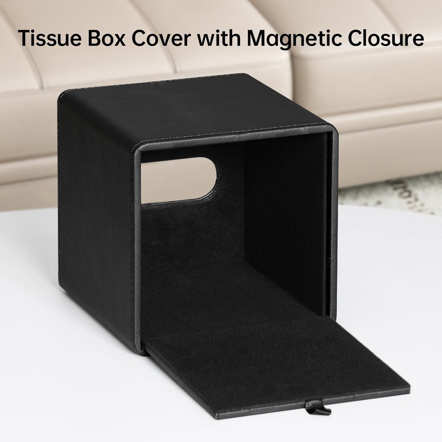 PU Leather Tissue Box Cover Square Tissue Box Holder with Magnetic Closure (Black)