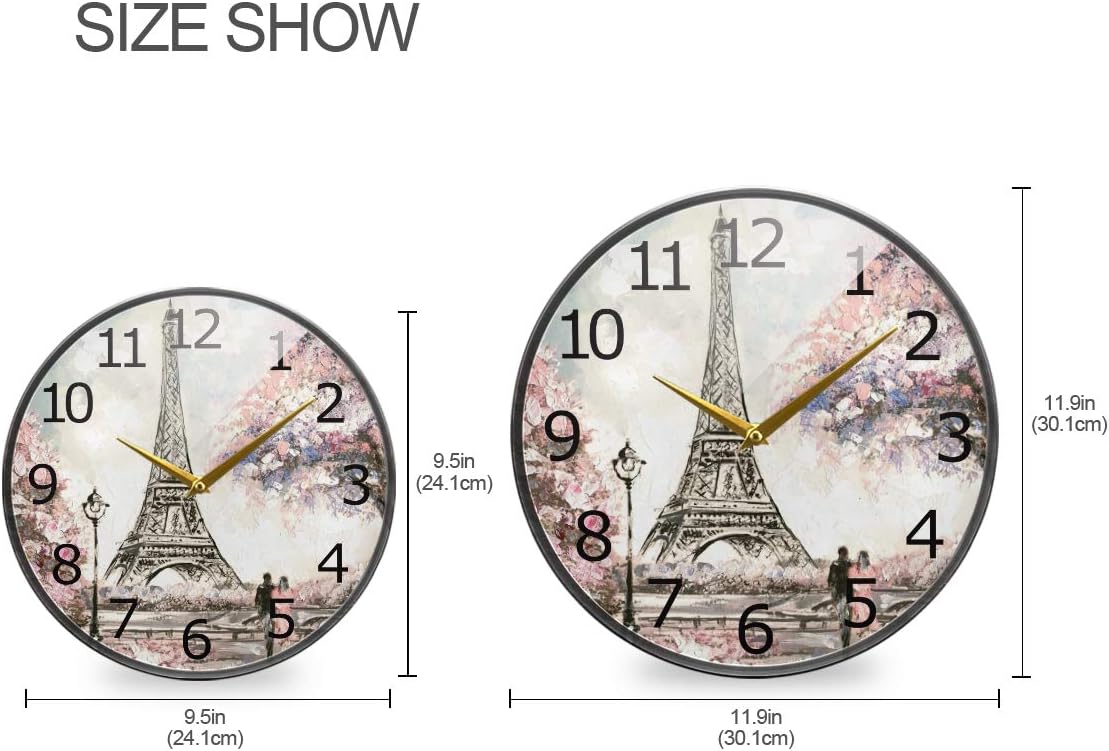ALAZA Street Cherry Blossom Paris Eiffel Non-Ticking Round Wall Clock, 9.5 Inch Battery Operated Quiet Desk Clock Bedroom Living Dorm Room School Decor