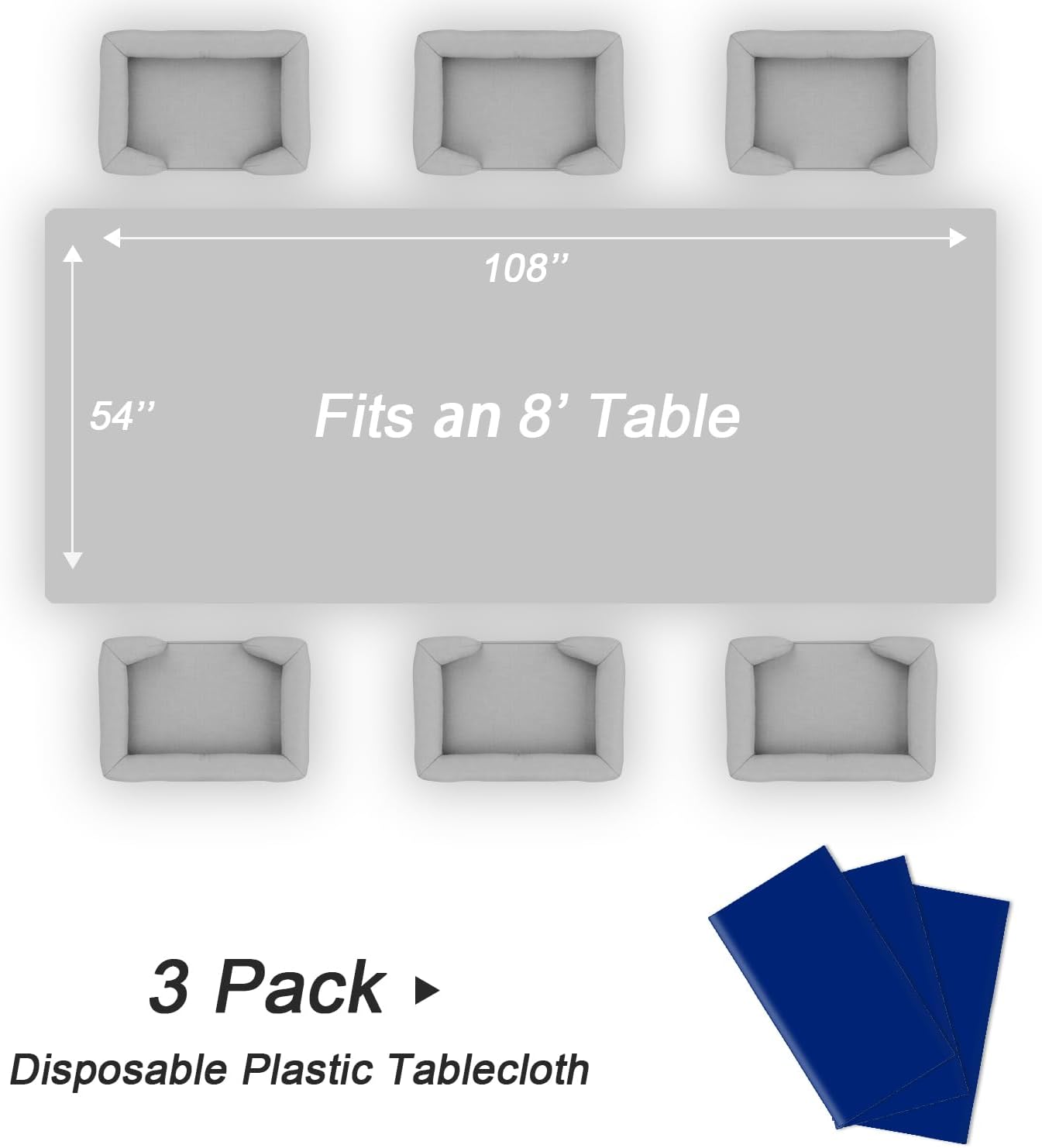 QIKSION Plastic Table Cloth Disposable 3 Pack, 54 x 108 Inch Tablecloths for Rectangle Tables, Royal Blue Plastic Table Cover