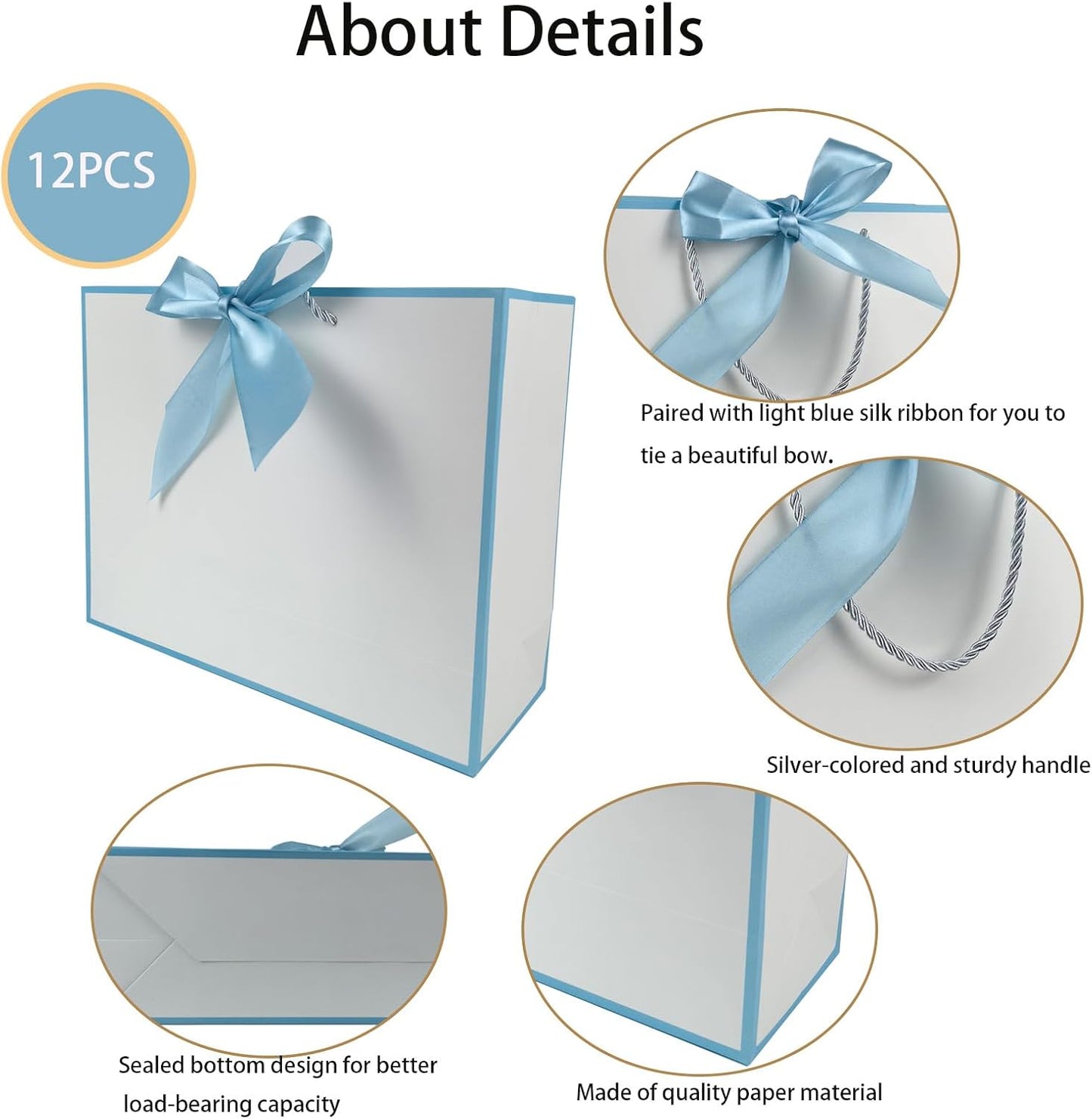 TKSBAG 12PCS Gift Bags Medium Size with Handles, 12.5 x 9.8 x 4.3 In Light Blue Thank You Bags with Bow Ribbon for Wedding, Birthday, bridesmaid, Baby Shower, Party Favors, Thanksgiving, Christmas