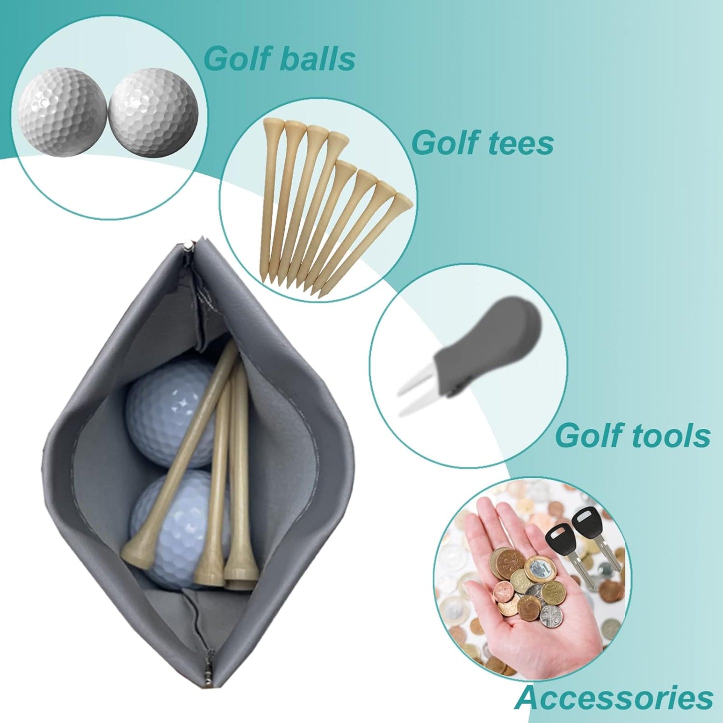 Golf Tee Pouch Bag, Zipper Golf Ball Bag, Accessory Pouch for Men