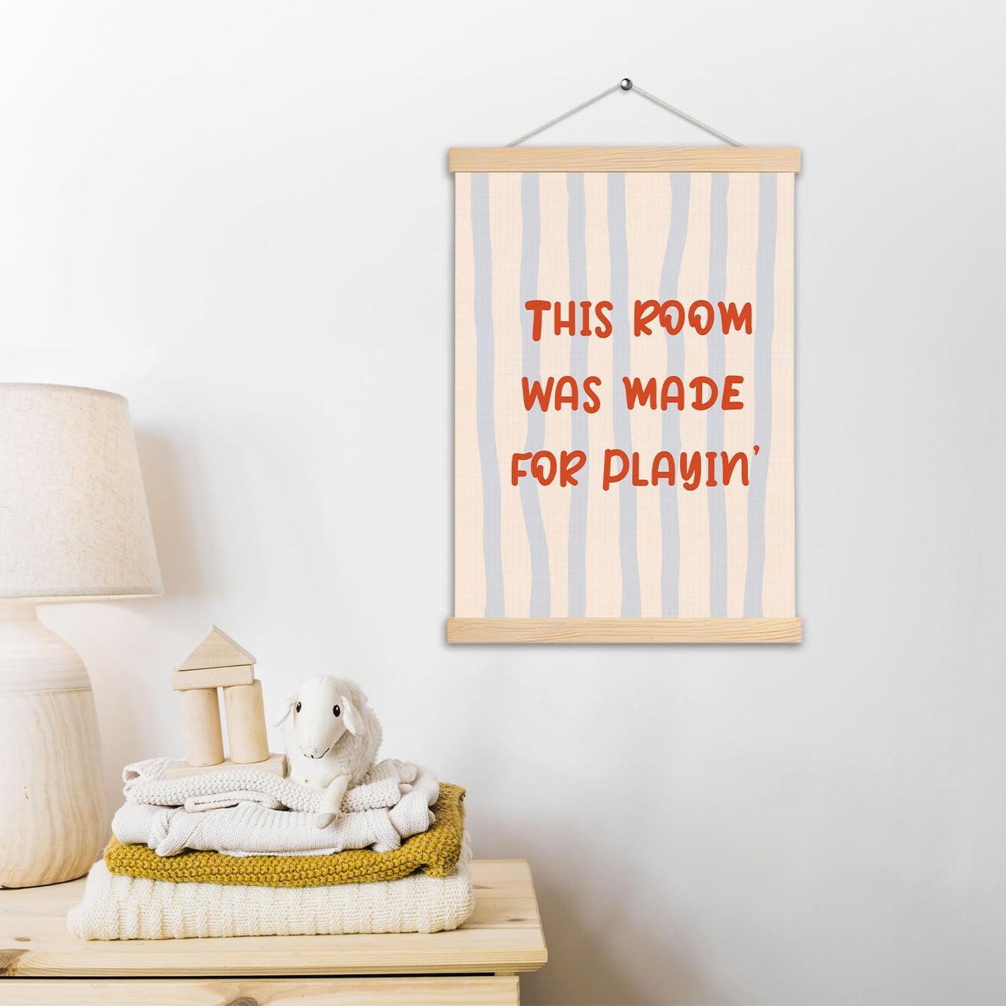 pouep Light Blue and Beige Striped Playroom Wall Art Poster, This Room was Made for Playin' Canvas Prints Wall Decor for Toddler Kids Bedroom Playroom Nursery, 12x16 Inches