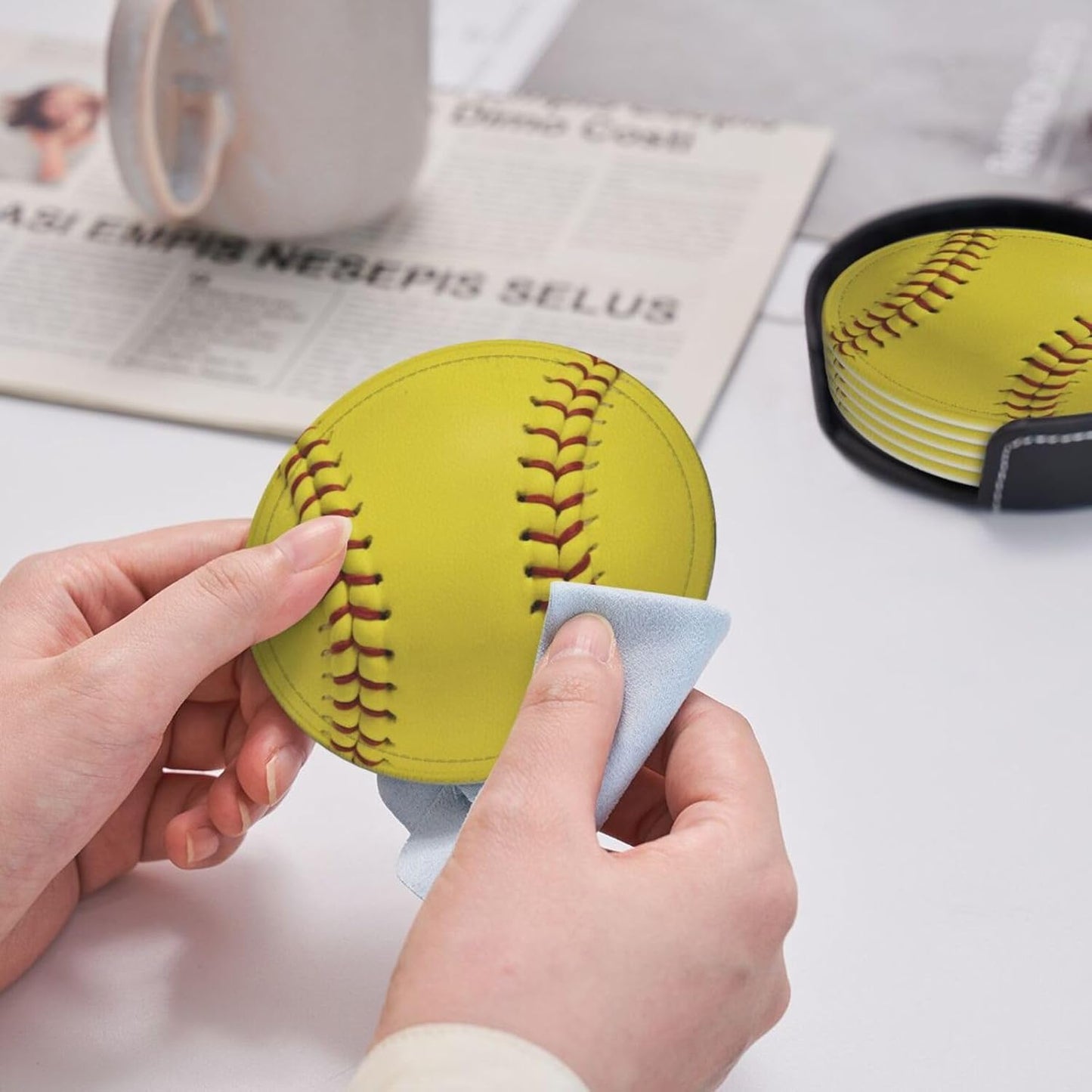 6 Pcs Softball Drink Coasters with Holder Coasters for Drinks Coffee Table Home Decor Housewarming Gift