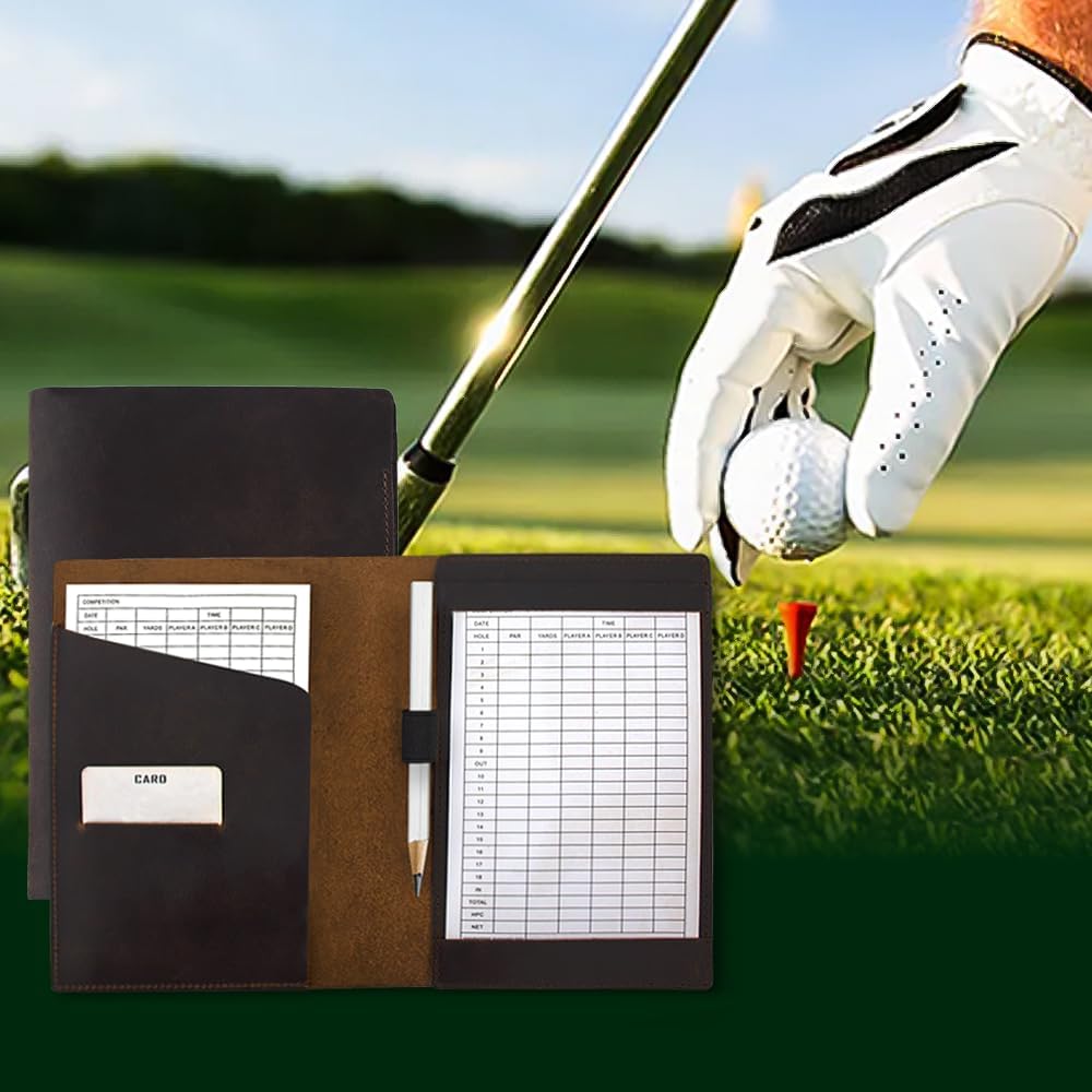Leather Golf Scorecard Holder: USA Genuine Crazy Horse Leather Golf Yardage Book Cover with 1 Scorecard 1 Pencil Golf Notebook Back Pocket Cool Golf Gifts for Him Golfers Men
