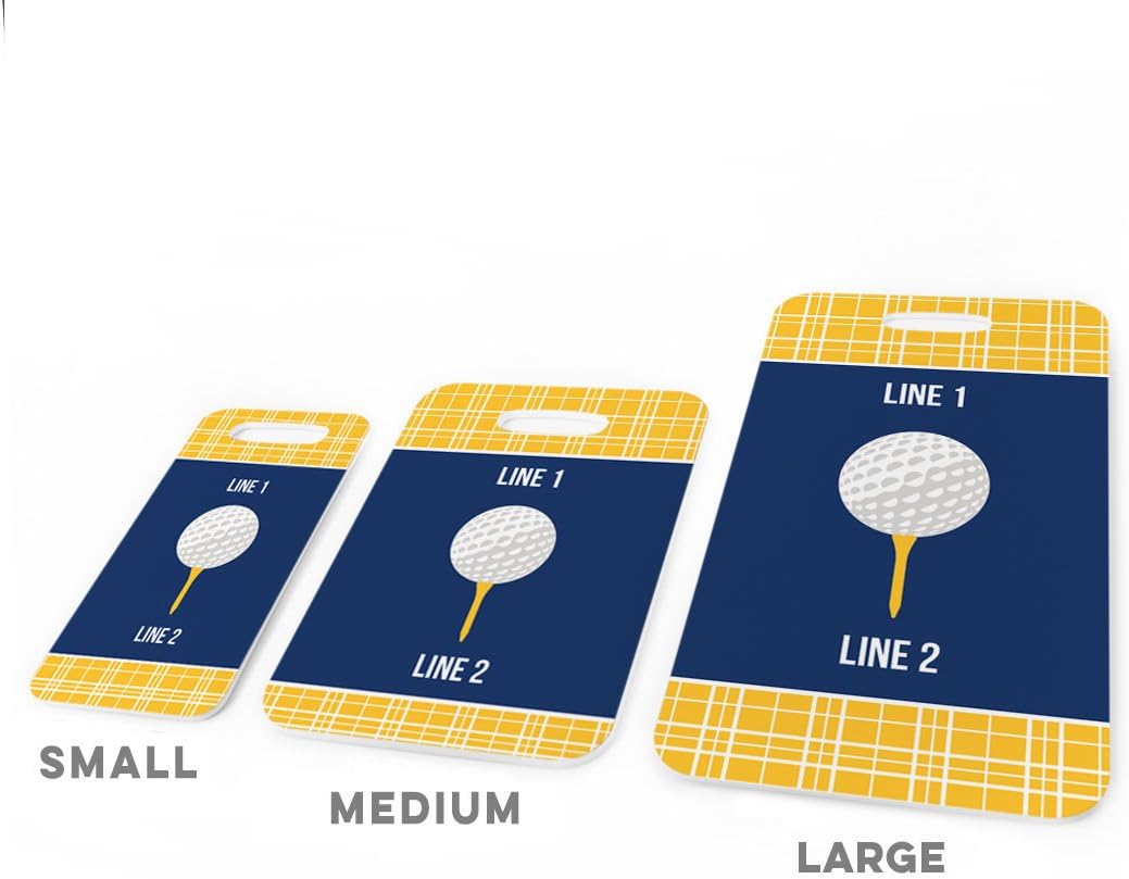 ChalkTalkSPORTS Golf Luggage & Bag Tag | Personalized Team with Golf Ball | Standard Lines on Back | Small | Gold/Navy