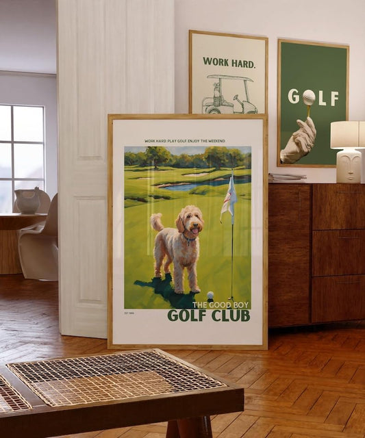 Nationcog Golf Wall Art Print, Good Boy Golf Club Poster with Golden Doodle, Colorful Impasto Artwork, Trendy Sports Decor, Great Golf Gift for Dog Lovers and Enthusiasts (Unframed) (24x36)