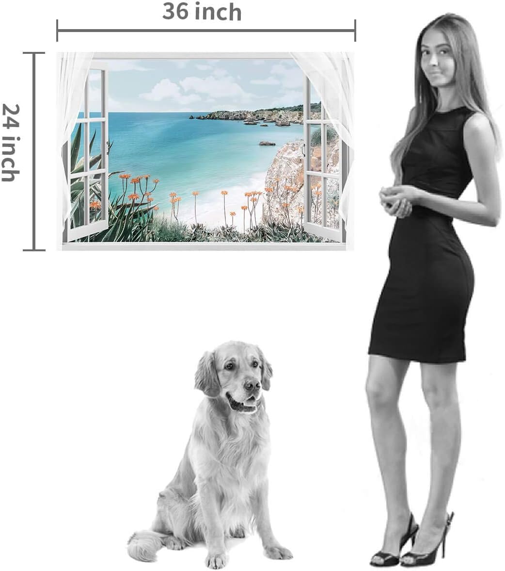 Window Canvas Art Sea Picture: Open Window into Blue Ocean with Beach Wall Art Coastal Artwork for Bedroom (36'' x 24'' x 1 Panel)