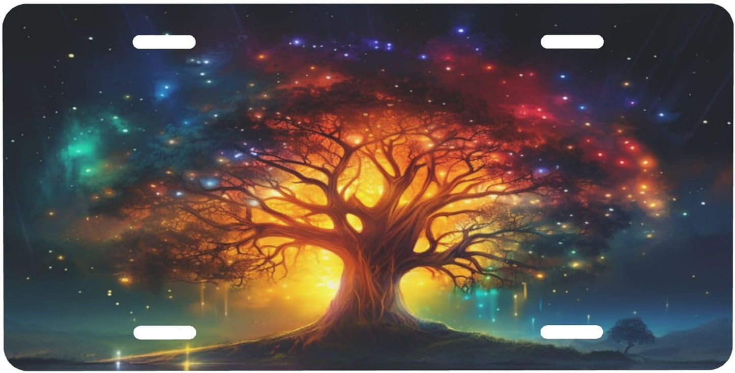 Tree of Life Galaxy Rainbow License Plate Funny Aluminum Front License Plates Decorative Waterproof Rust-Free Metal Car Plate Covers for Women Men Car Tag Accessories fit Truck SUV Rv 12 X 6 Inch