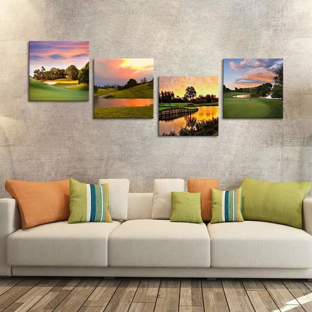 Golf Course Wall Art Pictures Golf Course Poster Canvas Prints USA Golf Artwork Wall Decor for Living Room Bedroom Office Bathroom Home Decorations Framed Ready to Hang (12''W x 12''H x 4)