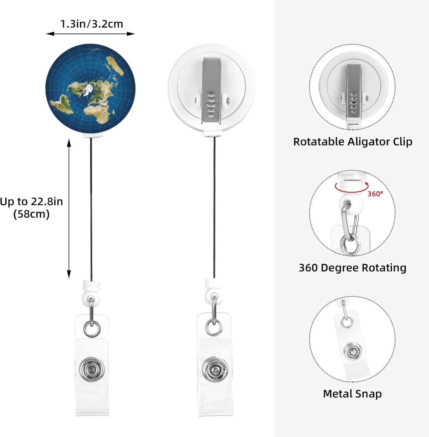 Flat Earth Map Model Badge Reels Retractable Badge Holder with Clip for Id Name Tag Office Worker Student Teacher Nurse Doctor