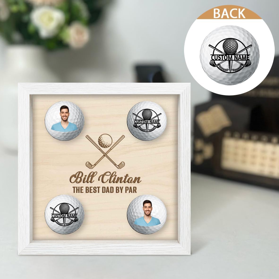 Personalised Golf Ball Holder Frame Custom Photo Name Golf Ball Display Case Wooden Golf Shadow Box Golf Ball Markers Hanger Desk Decor Gift for Men Dad Grandpa Family (Golf Ball Display Holder - 3)