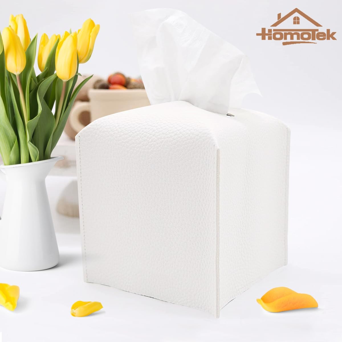 HOMOTEK 2 Pack Tissue Box Cover, Square PU Leather Tissue Holder, Decorative Facial Tissue Cube Paper Organizer Dispenser for Bathroom, Night Stands, Desk, Car 5X5X5'' - White, Pebble Grain
