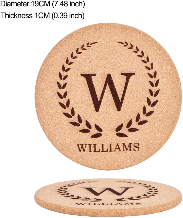 Personalized Cork Trivets, Custom Engraved Absorbent Trivets for Hot Dishes, Pots, Pans, Baking Sheets, Hot Plates for Table (W)