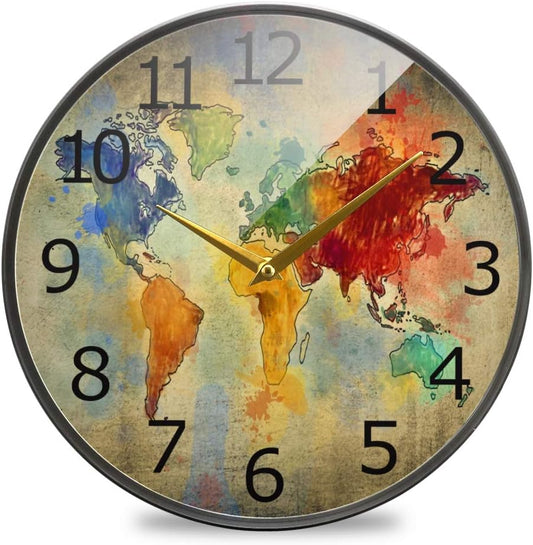 ALAZA Vintage Colorful World Map Grunge Acrylic Painted Silent Non-Ticking Round Wall Clock, 12 Inch Battery Operated Quiet Bathroom Clock for Living Room Kitchen Office Decor