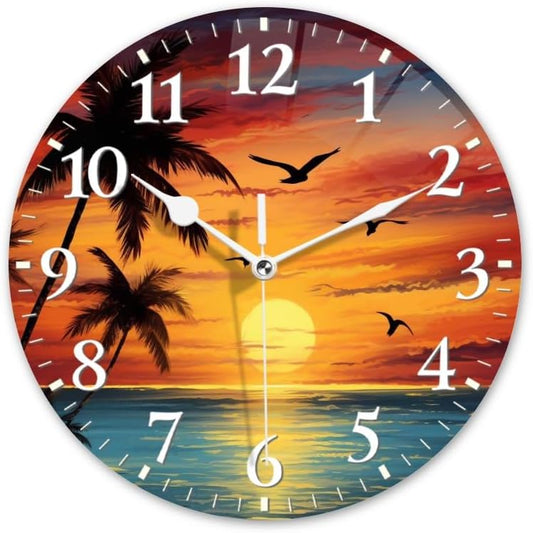 Sunset Wall Clock Non-Ticking Silent Clocks Battery Operated Analog Decor Clock for Home-Beautiful Sunset Over The Ocean with Palm Trees and Birds Flying in The Sky(14inch)