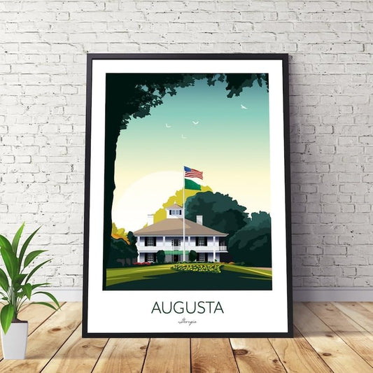 Augusta Golf Print - US Masters Clubhouse - Golf Travel Poster, Augusta Golf Poster, Augusta National Print, Golf Course Wall Art, Masters Tournament Artwork, Golf Decor (Unframed) (11x14)