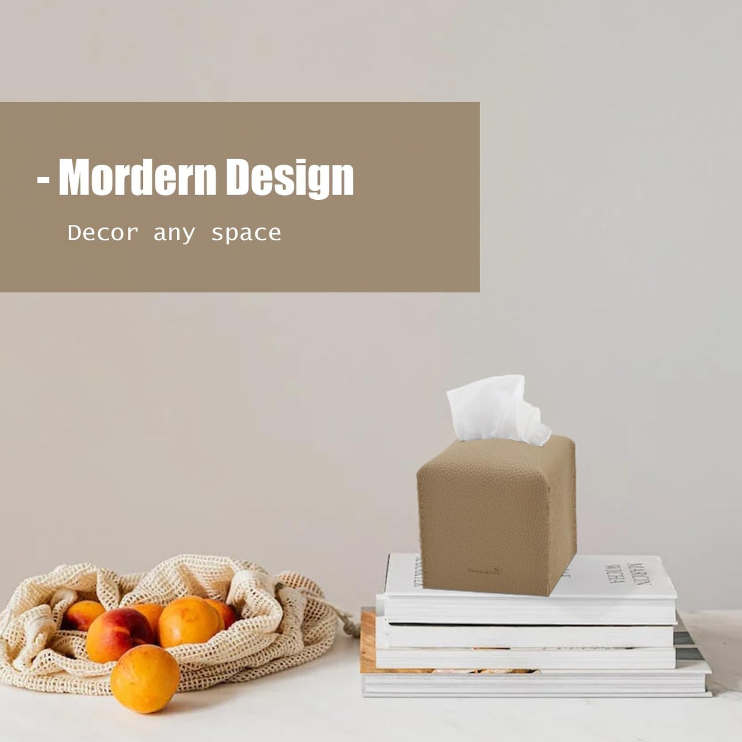 Tissue Box Cover 5X5X5'' PU Leather Tissue Holder Square Tissue Cube Box Organizer for Bathroom Vanity Countertop, Car, Night Stands, Office, Home, Kitchen (1Pack, Wood Apricot)