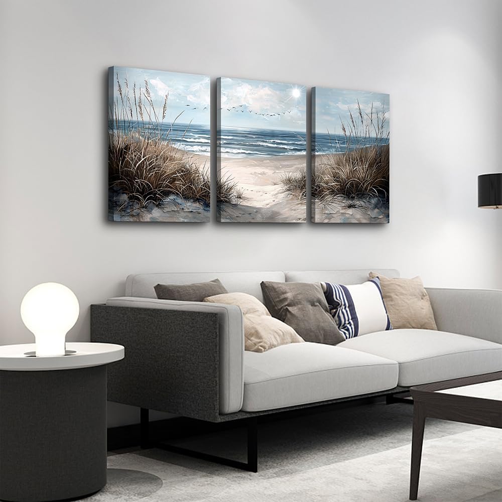 TTHYUEWS Wall Art For Living Room Wall Decor For Bedroom Modern Office Pictures Blue Sea Beach Posters Canvas Painting Wall Art Bathroom Seascape Prints Artwork Canvas Art Framed Ready to Hang 3pcs