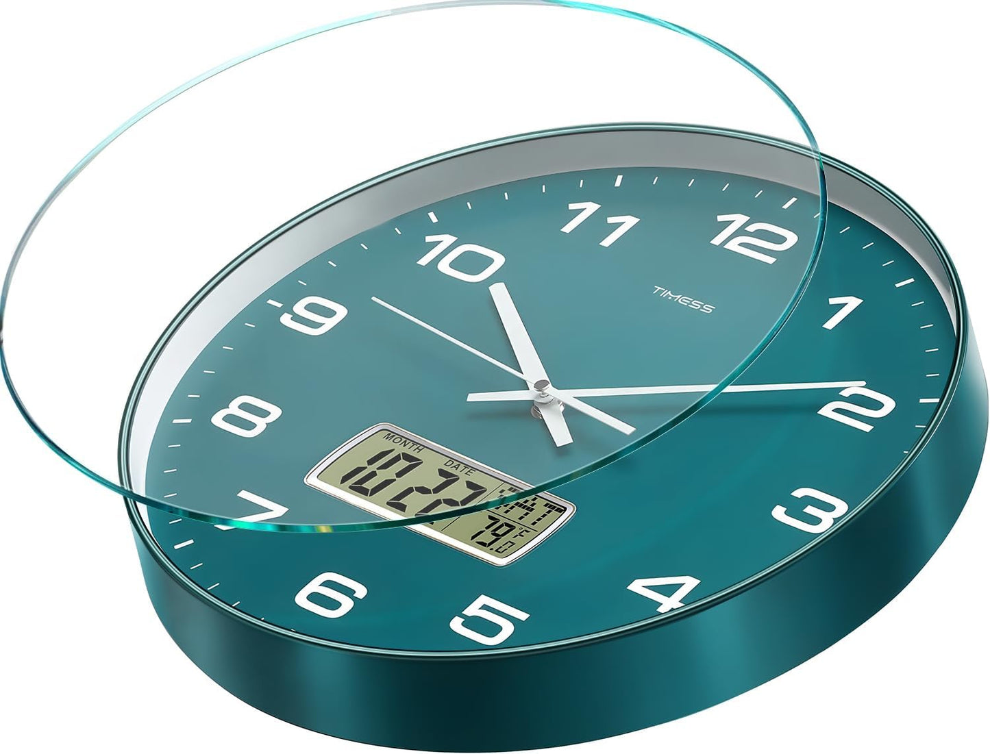 Wall Clock, 12" Dial Non-Ticking Silent Battery Operated Analog with LCD Display for Perpetual Calendar and F° Temperature, Ideal Modern Home, Bedroom, Kitchen, Office Decor (Green)