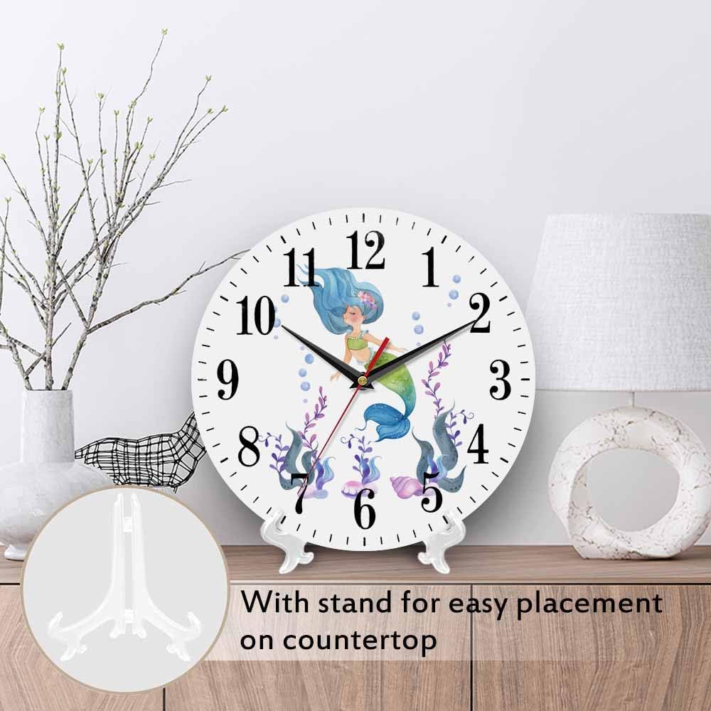 Mxocom Mermaid Wall Clock Watercolor Cartoon Mermaid Tail and Floral 10 Inch Silent Non Ticking Battery Operated Clock Vintage Round Clock for Living Room Bedroom Bathroom Office Decor