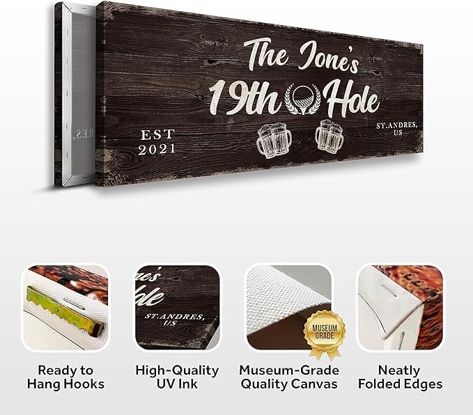 TAILORED CANVASES Golf Art Decor - Personalized Vintage Golf Wall Art Sign for Man Cave, Bedroom, Basement, Home Bar and Custom Gift for Husband, Dad, Wedding & Anniversary - 19th Hole Sign, 48"x16"