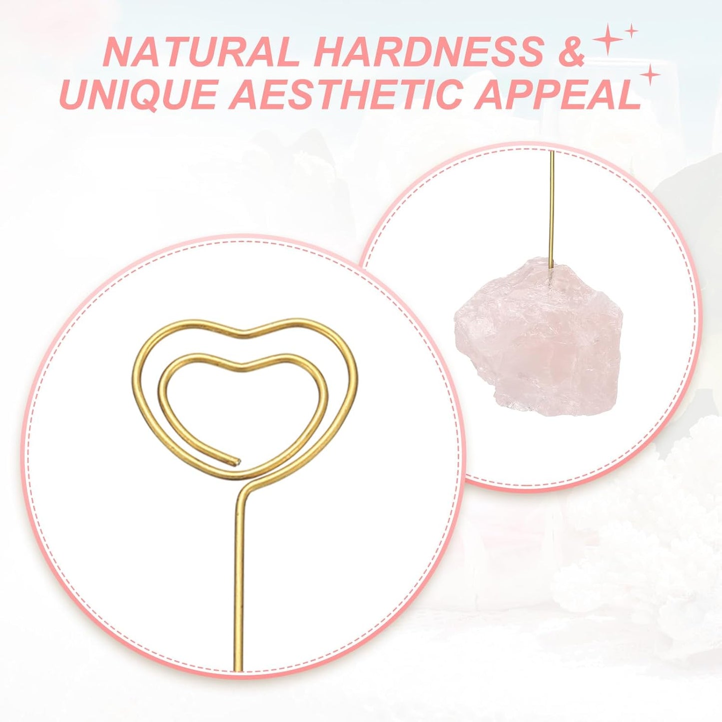 PATIKIL Table Number Holder, 1Pcs Photo Clip Holders Crystal Stone Quartz Desk Card Holder Raw Heart Shape Iron Memo Note Photo Stand for Wedding Party Home Office Decor, Pink