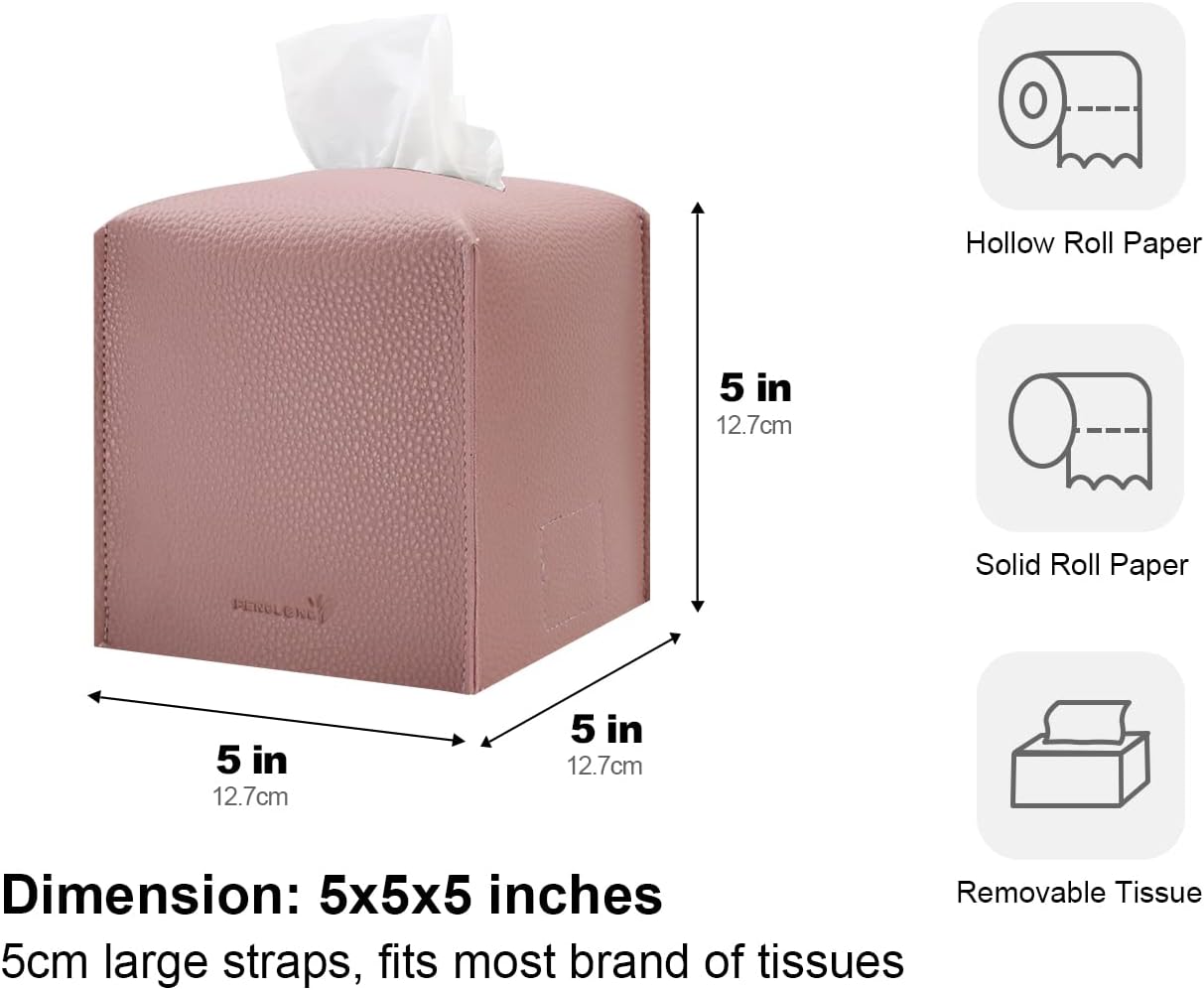 Tissue Box Cover 5X5X5'' PU Leather Tissue Holder Square Tissue Cube Box Organizer for Bathroom Vanity Countertop, Car, Night Stands, Office, Home, Kitchen (2Pack, Pretty Pink)