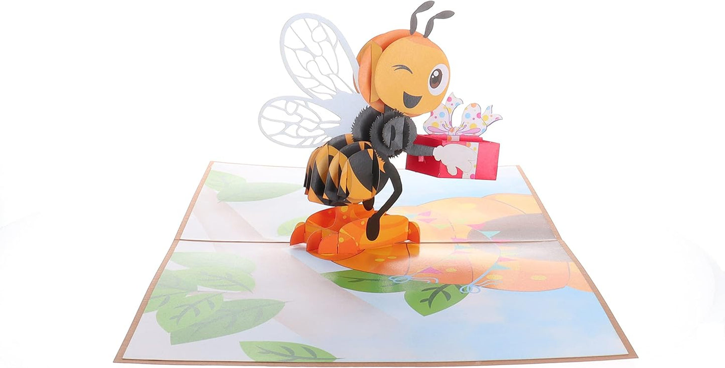 iGifts And Cards Happy Bee Day 3D Pop Up Greeting Card – Honey Bee With Present, Gift For Bee Lovers, Thinking of You, Mother's Day Card, Beehive Present For Wife, Fun Birthday Gift