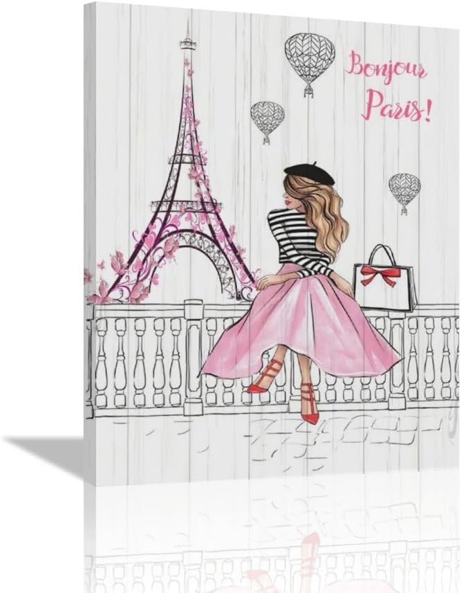 Pink Eiffel Tower Wall Art Romantic Paris Fashion Women Canvas Wall Decor Butterfly Eiffel Tower Picture Painting Print Modern Atwork For Girls Women Room Bathroom Office Framed Ready to Hang 20"x24"
