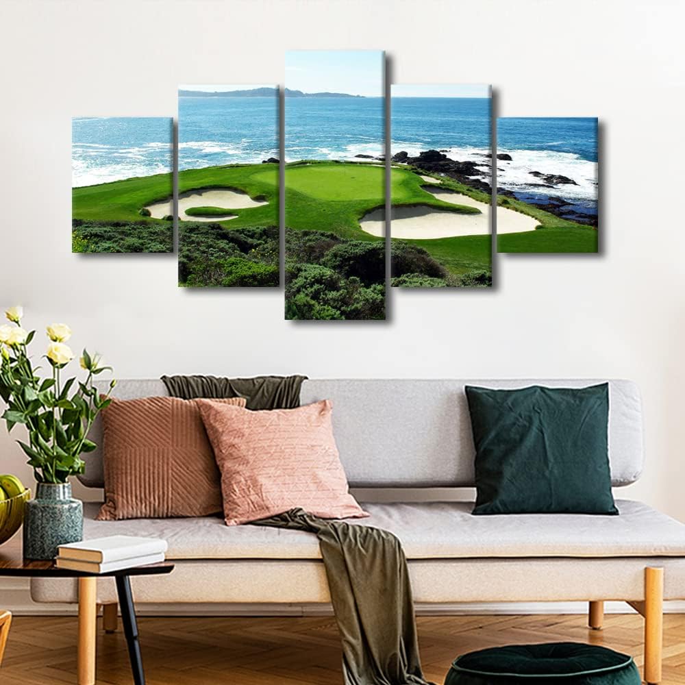 5 Pieces Golf Wall Art Canvas Wall Art Pebble Beach Golf Course Picture Canvas Wall Art Decoration for House Living Room Bedroom Gallery Wrap Modern Home Art Framed Ready to Hang - 60" W x 32" H