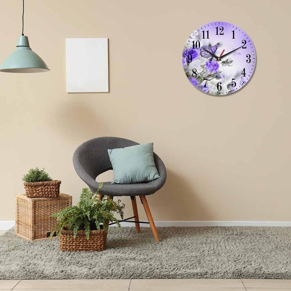 Mxocom Butterfly Floral Wall Clock Bouquet of White and Purple Roses 10 Inch Silent Non Ticking Battery Operated Clock Vintage Round Clock for Living Room Bedroom Bathroom Office Decor